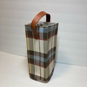 Threshold Plaid Wine Tote Cream Brown Rust Blue Genuine Tan Leather Handle NWOT